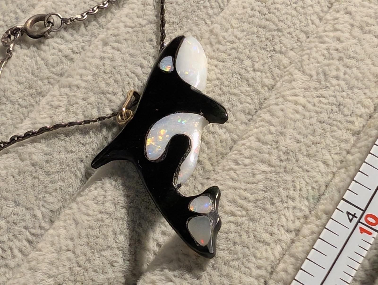 Inlaid Black Coral & Genuine Opal Sea Wolf Killer Whale Pendant W/ .925 Chain!