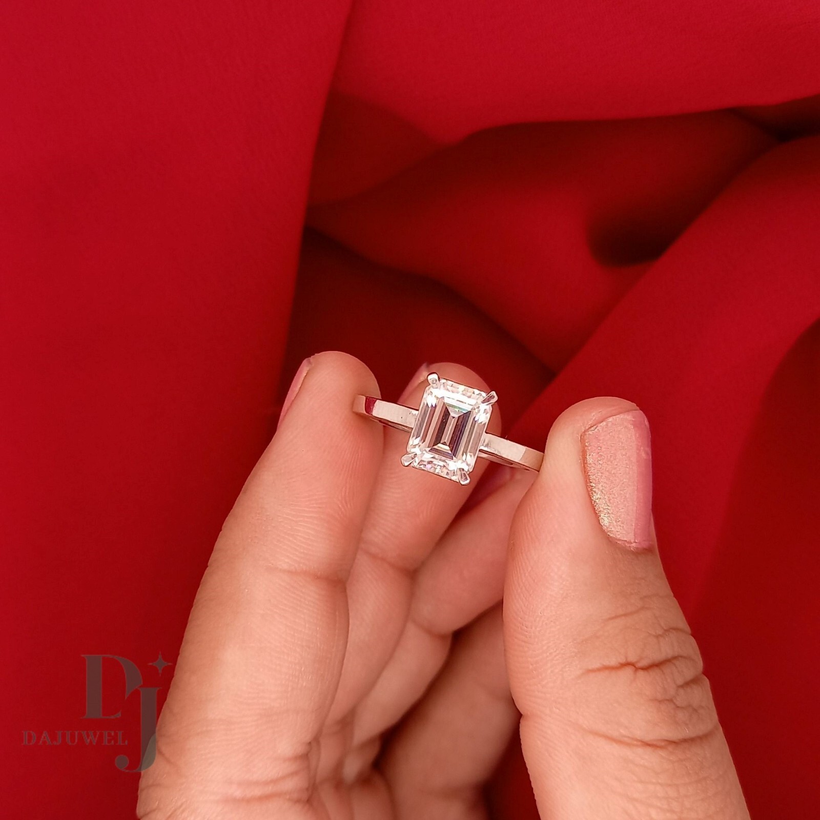 Moissanite Solitaire Engagement Ring Solid 14K White Gold 1.50 Carat Emerald Cut