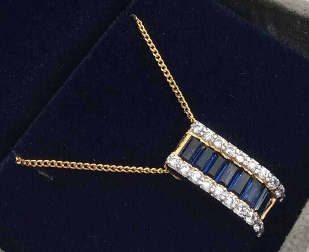 3.Ct Baguette Cut Lab Created Blue Sapphire Pendant Chain 14K Yellow Gold Plated
