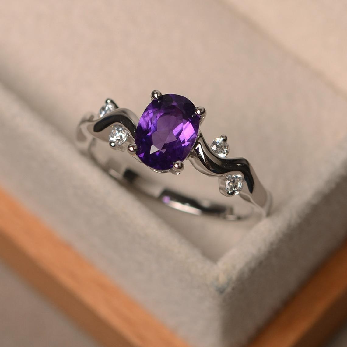 1.37 Ct Oval Natural Amethyst & Diamond Wedding Ring 14K White Gold Size 7