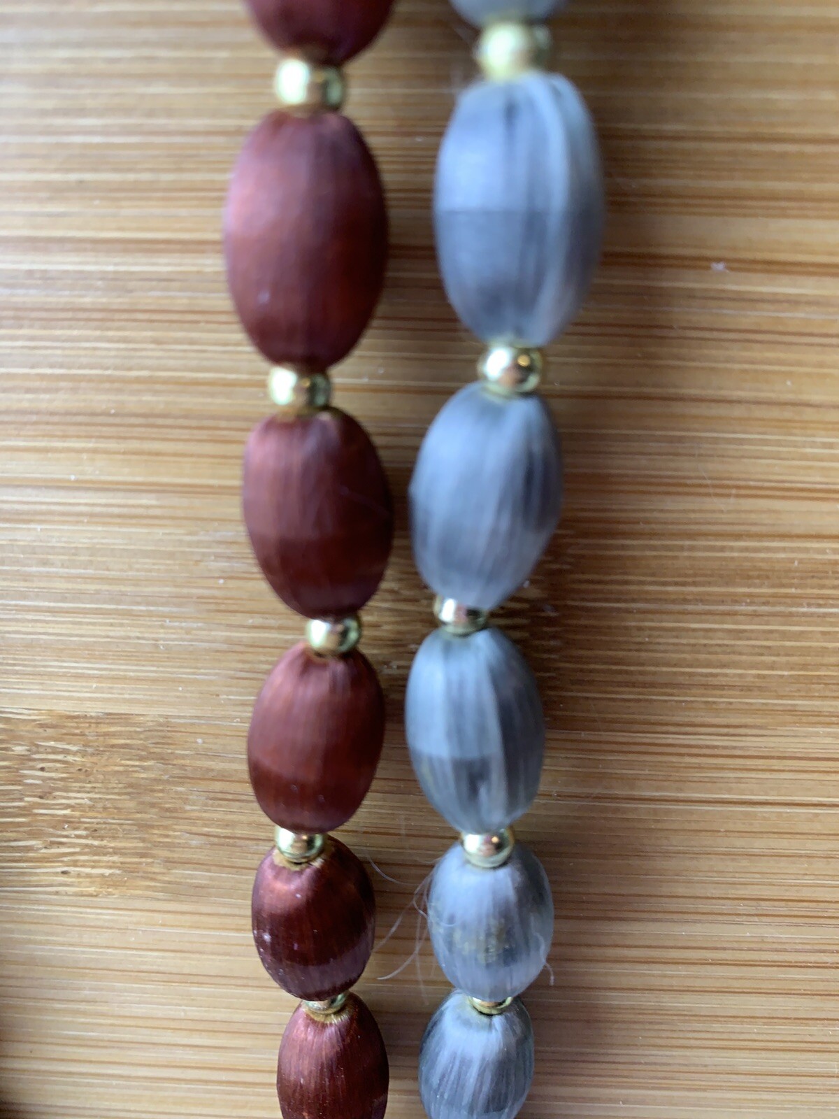2 Vintage Red and grey Silk Thread Necklaces Wrapped Beads /30 inches