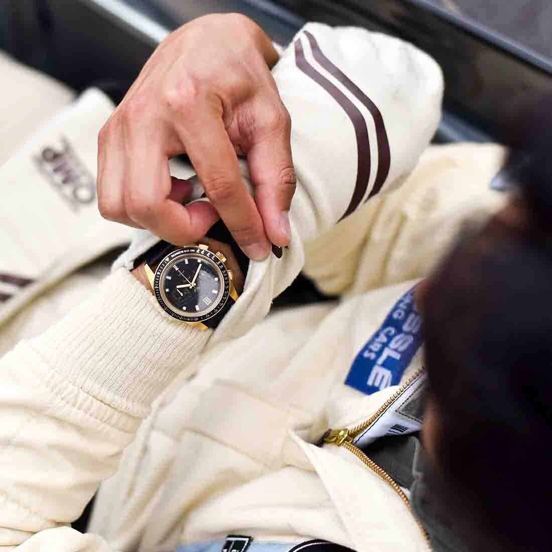 YEMA Rallygraf Gold Steel Hybrid Mechanical Black Quartz Men’s Date Watch
