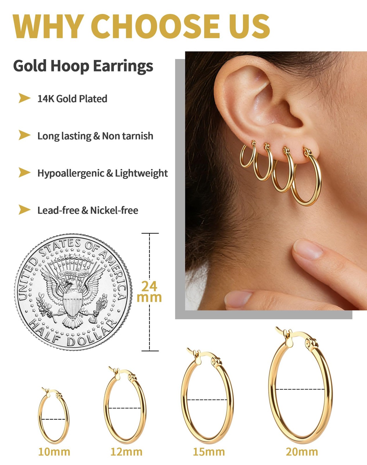 4 Pairs Gold Silver Hoop Earrings for 10mm, 12mm, 15mm, 20mm, – 4