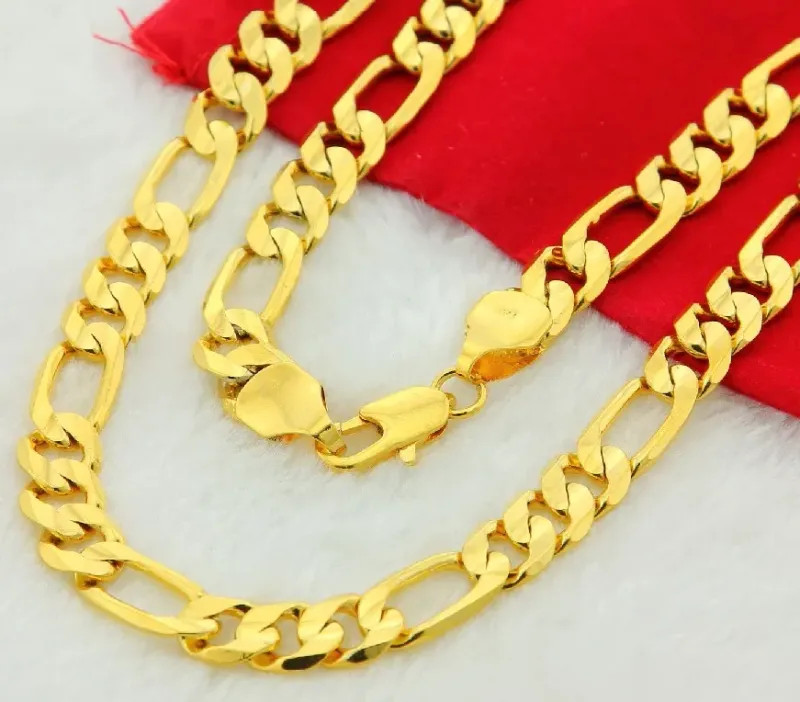 Men’s 24K Gold Plated Figaro Chain Necklace 10mm Heavy Link 20–30in
