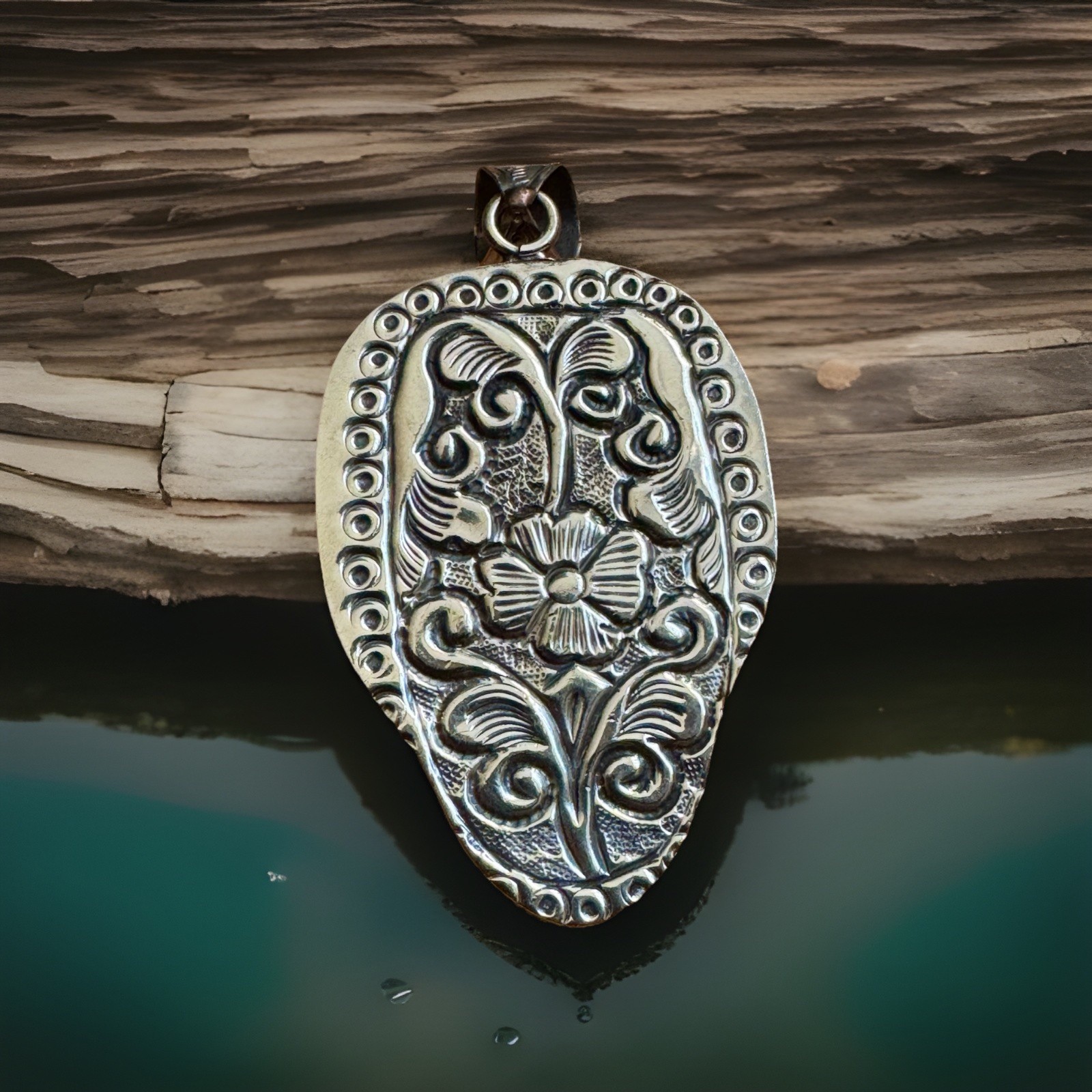 Hand Carved Bone Pendant,Wolf Art,Auspicious Floral Carving,Turquoise & Silver
