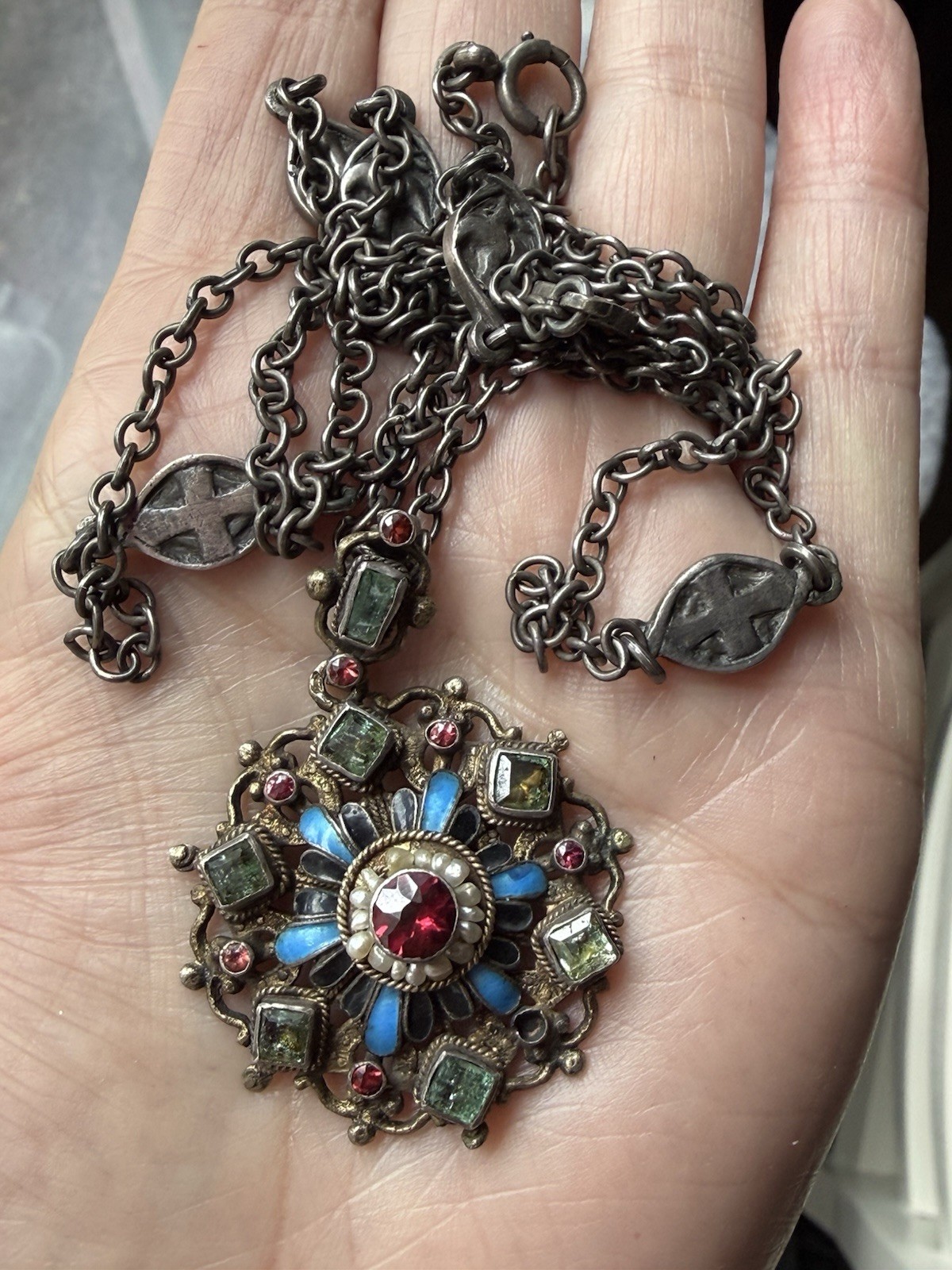 Antique Austro-Hungarian Renaissance Revival Silver Enamel Pearls Gems Necklace