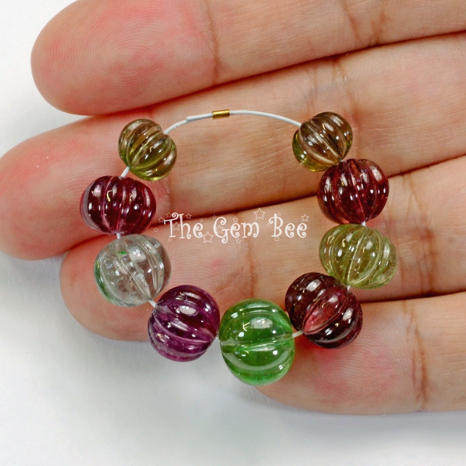 7.6mm-10.8mm Fine Candy Tourmaline Carved Melon Fluted Bead 2.6″ Strand (9)