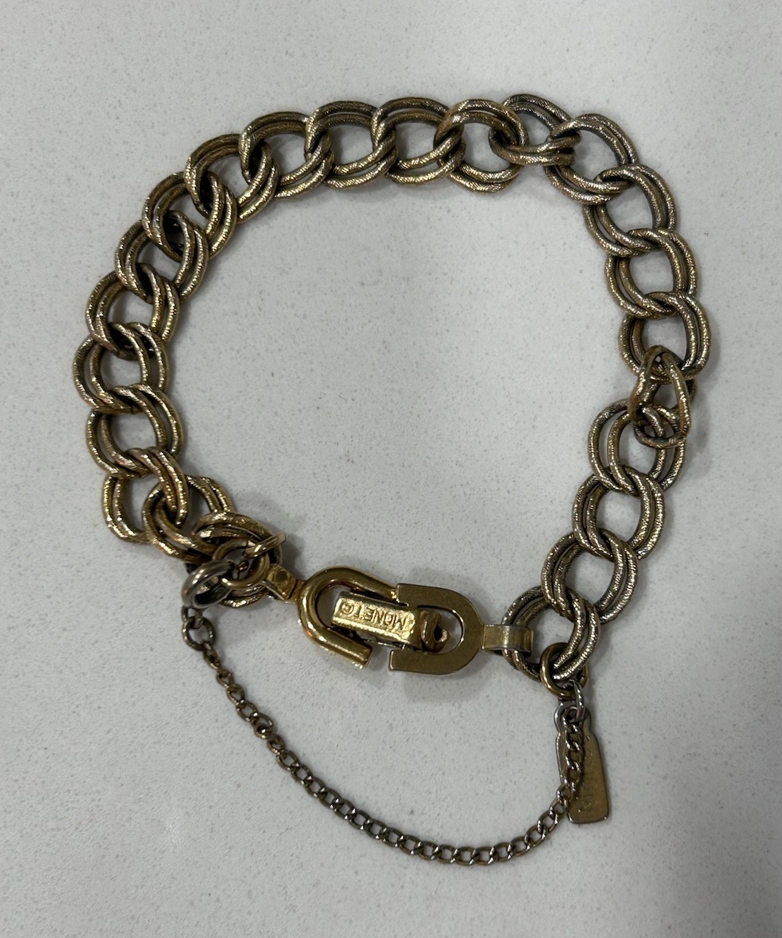 Vintage Monet Charm Bracelet Textured Links Gold Tone With Safety Chain
