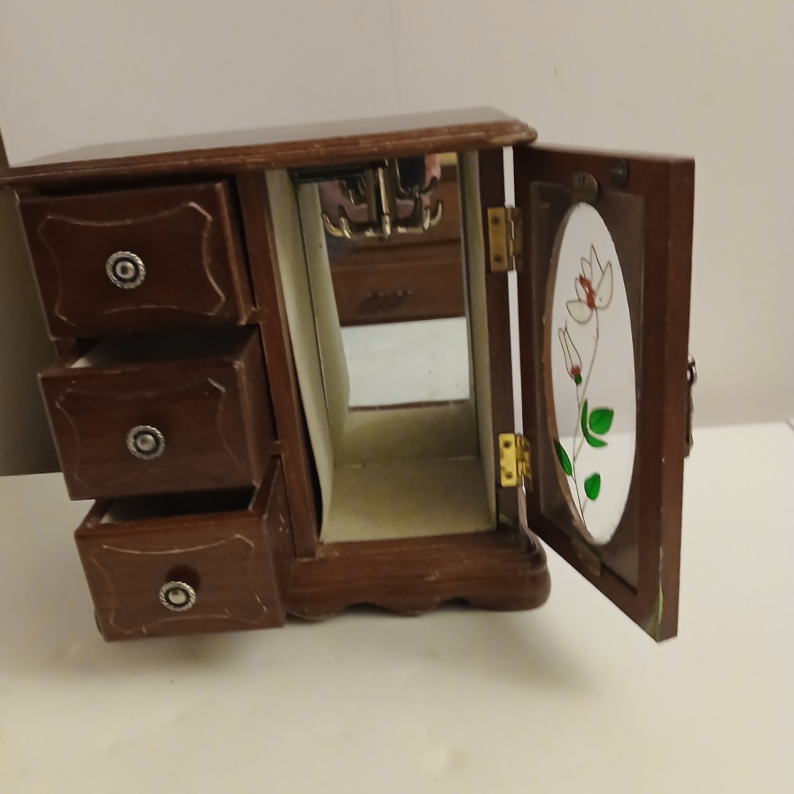 Vintage Ladies Walnut Finish Wooden Jewelry Box Stained Glass Mirror