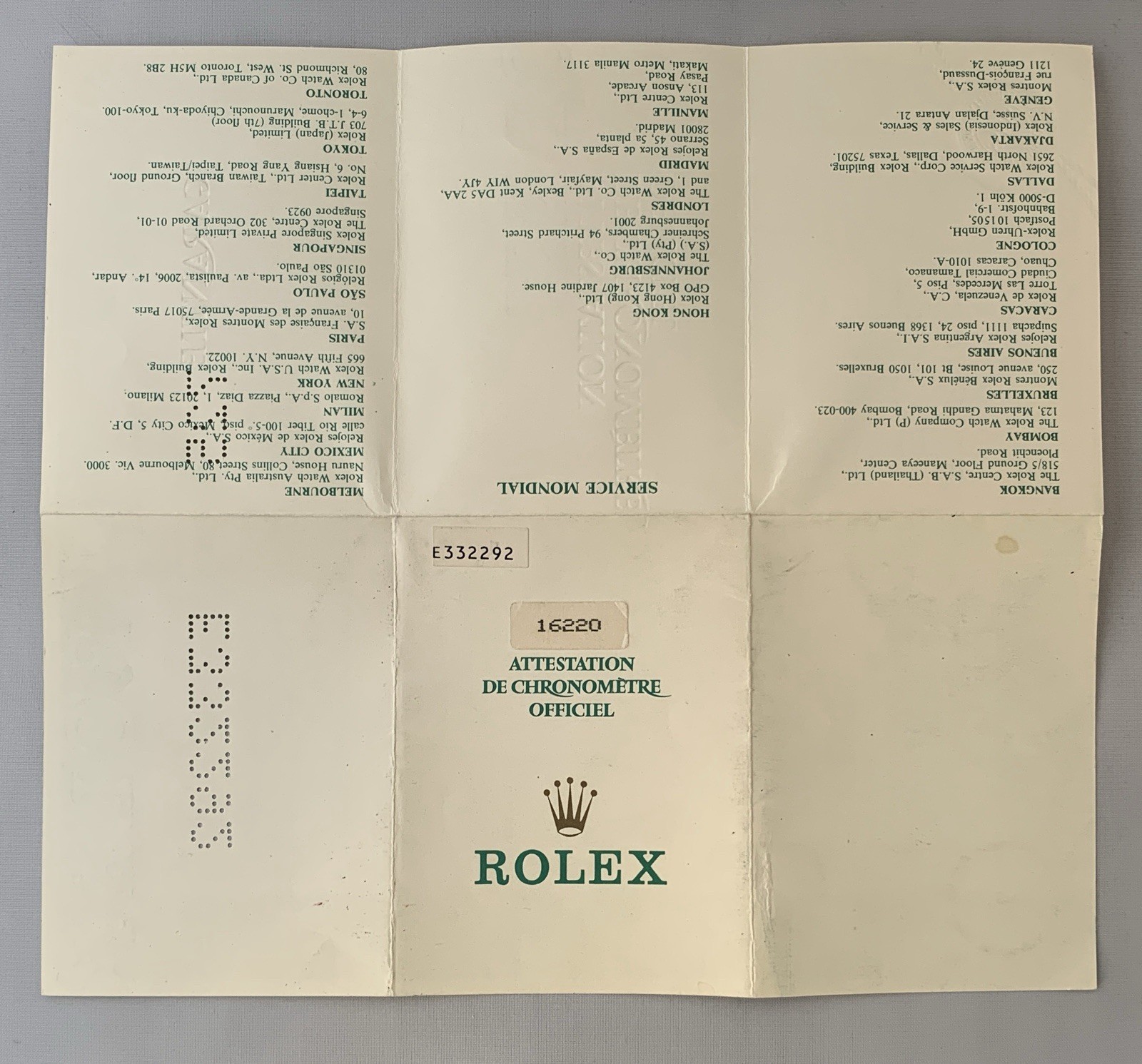 Rolex Authentic Watch Guarantee Certificate Blank Name Date Store French