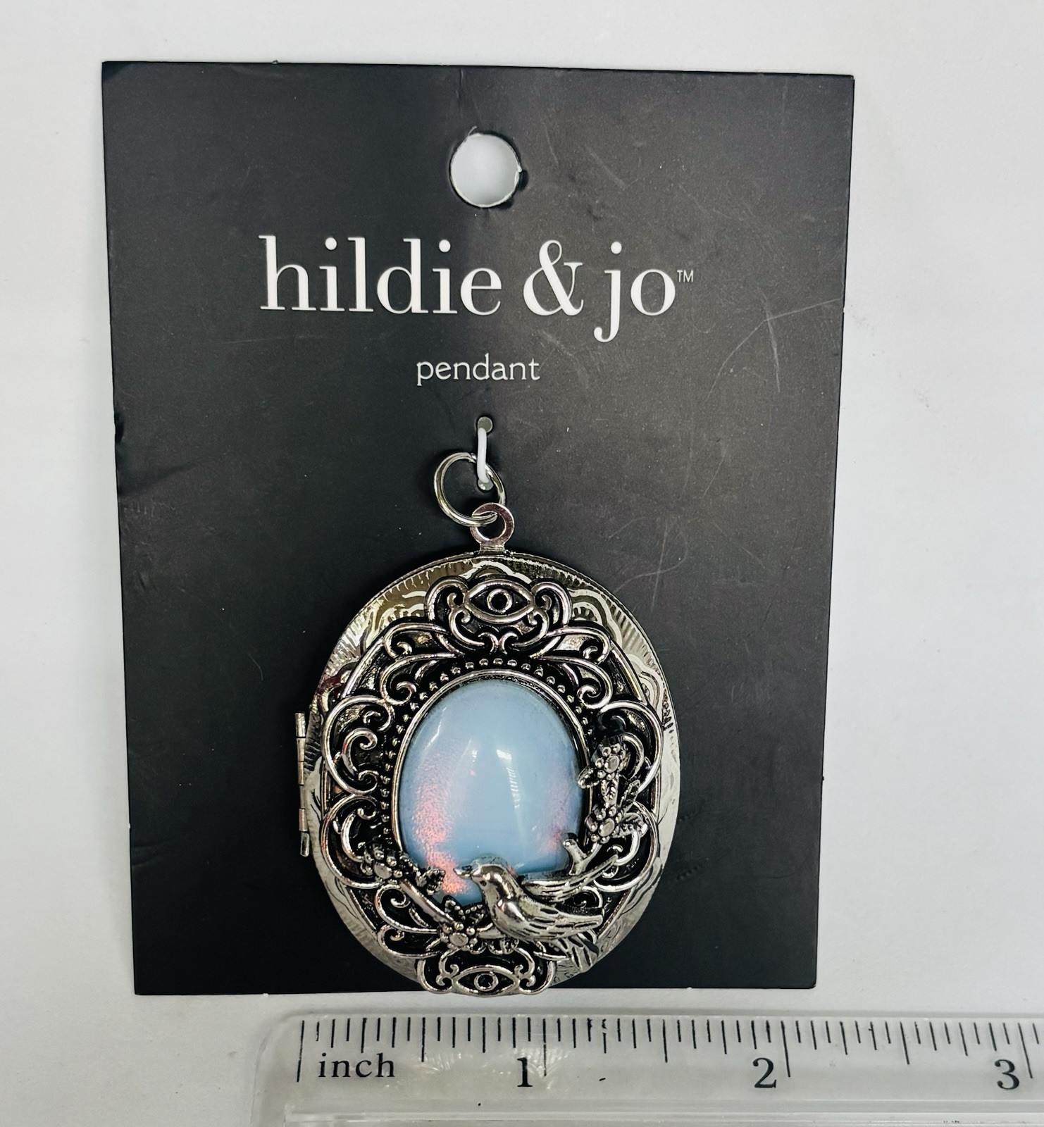 Hildie & Jo bird chunky locket oval Pendant silver tone opalescent