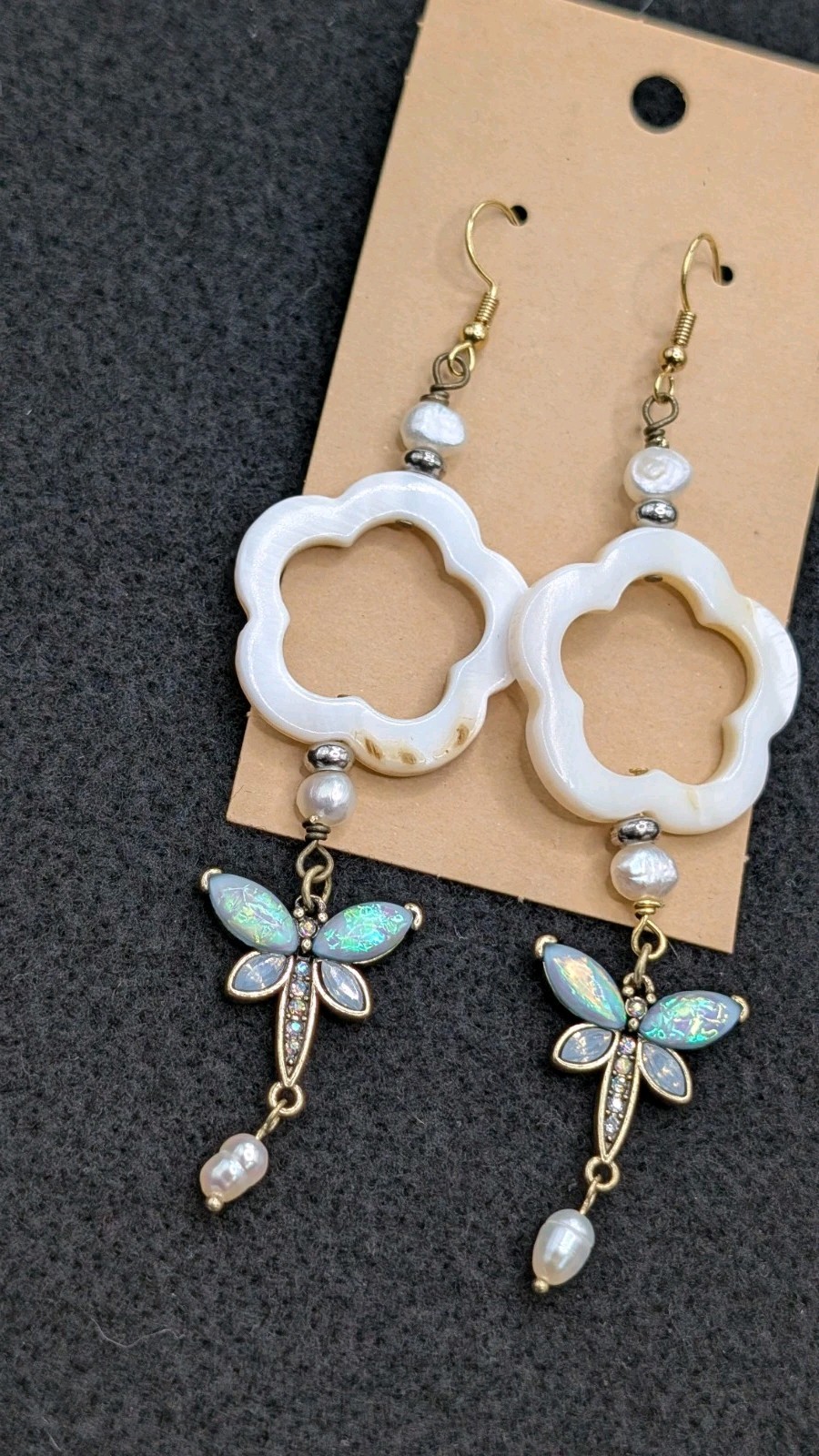 Women’s Stylish Boho Dragonfly MOP Beaded Drop Dangly Hook Earrings 💙💚🤍🤎