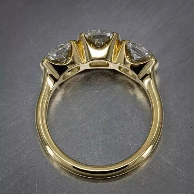 3Ct Cushion Cut Lab Created Diamond 3 Stones Women’s Ring 14K Yellow Gold Plated