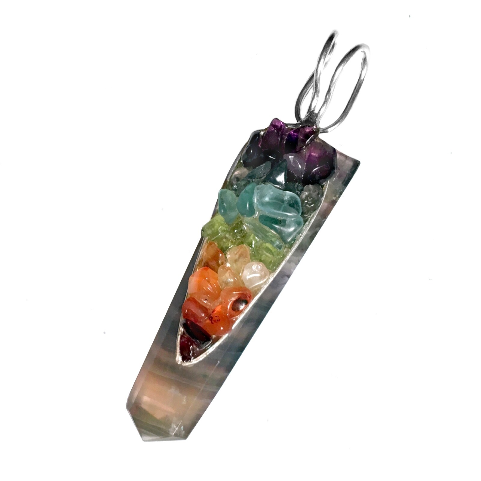 Rainbow FLUORITE Crystal 7 Chakra Pendant CHARGED Sterling Silver Necklace Reiki