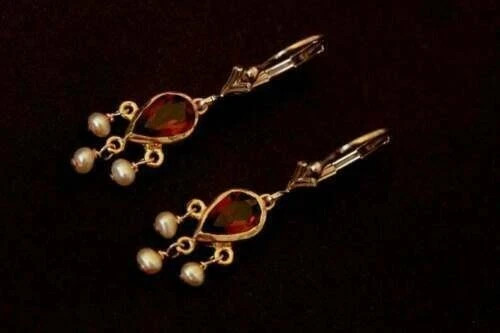 Unique Dangle Earrings 2Ct Pear Lab Created Garnet 14K Yellow Gold Plated Silver
