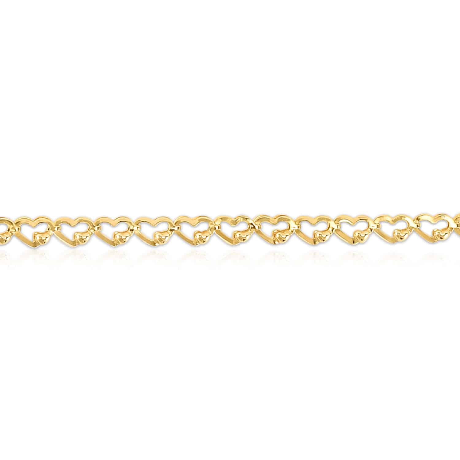 14K Yellow Gold 3.2mm Hearts Charm Link Bracelet (Hollow) 7″