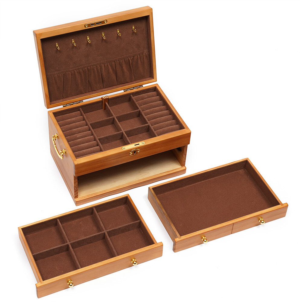 Large Capacity Wooden Jewelry Box 3 Layers + Safe Lock Retro Organizer Case