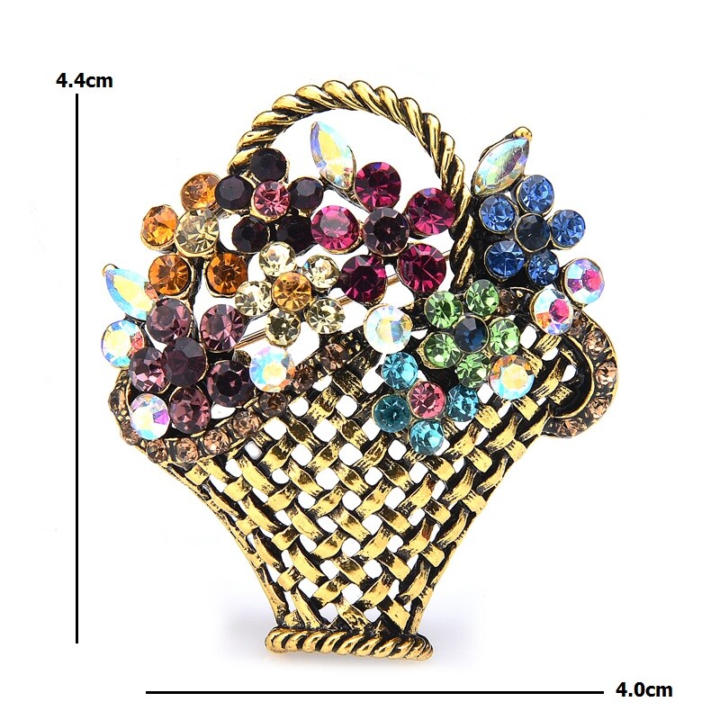 Cute Flower Basket Crystal Rhinestone Vintage Style Brooch Pin and Gold Bag