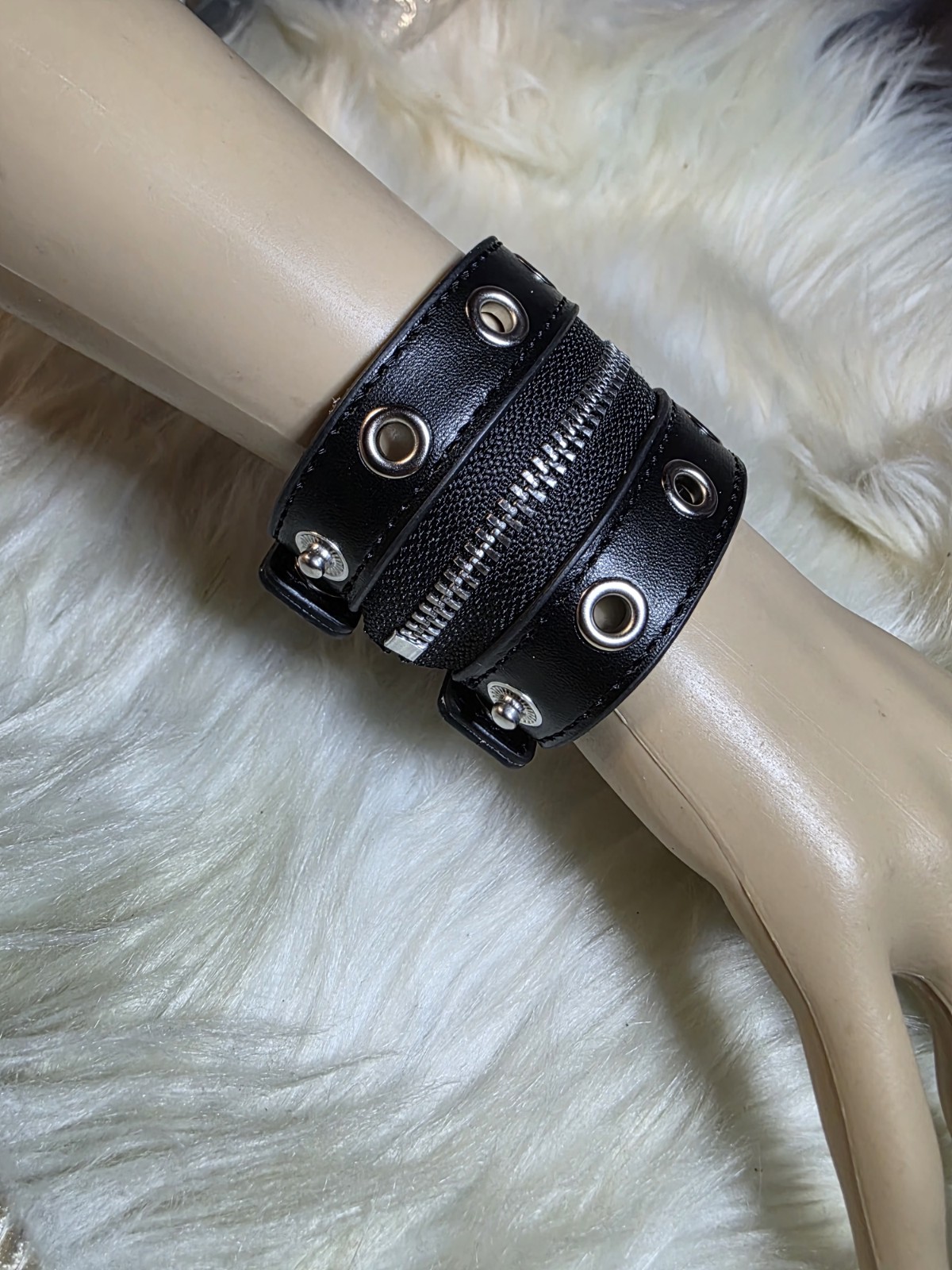 Black Faux Leather Wide Wrap Bracelet with Silver Grommets & Zipper