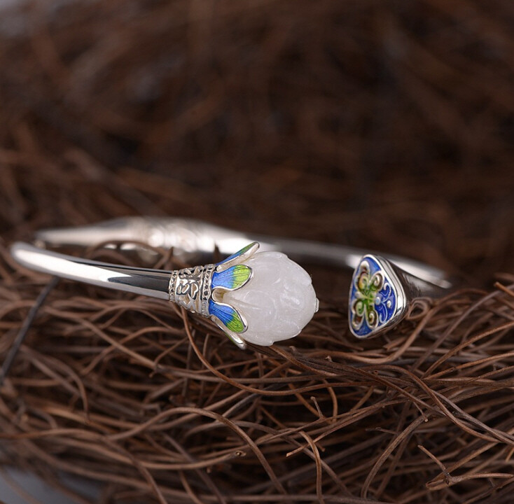 I05 Silver 925 Lotus Flower White Jade Cloisonne Blue Green Bangle Bracelet
