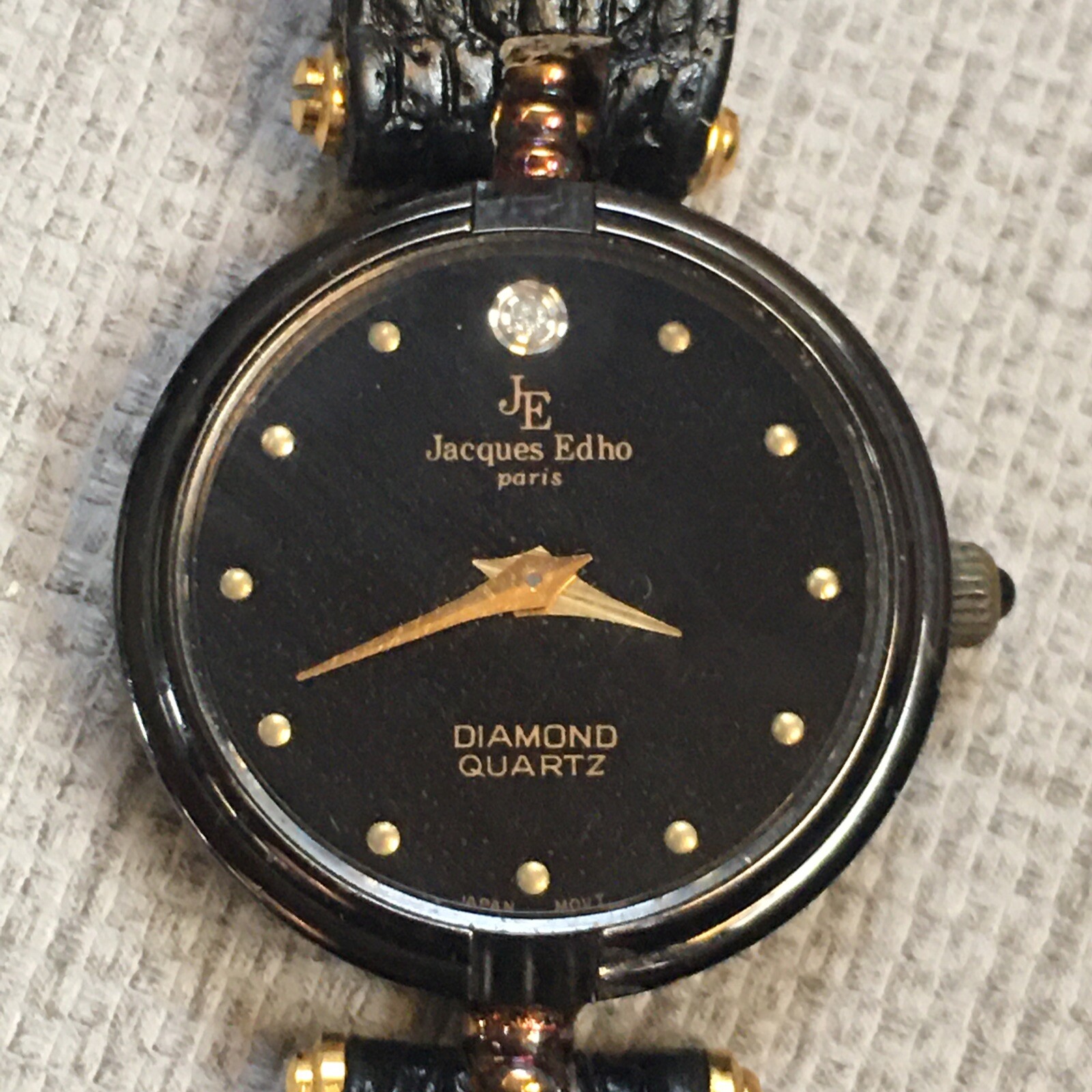 Jacques Edho Paris Diamond Quartz Wristwatch 18K Gold Plate Black Leather Band