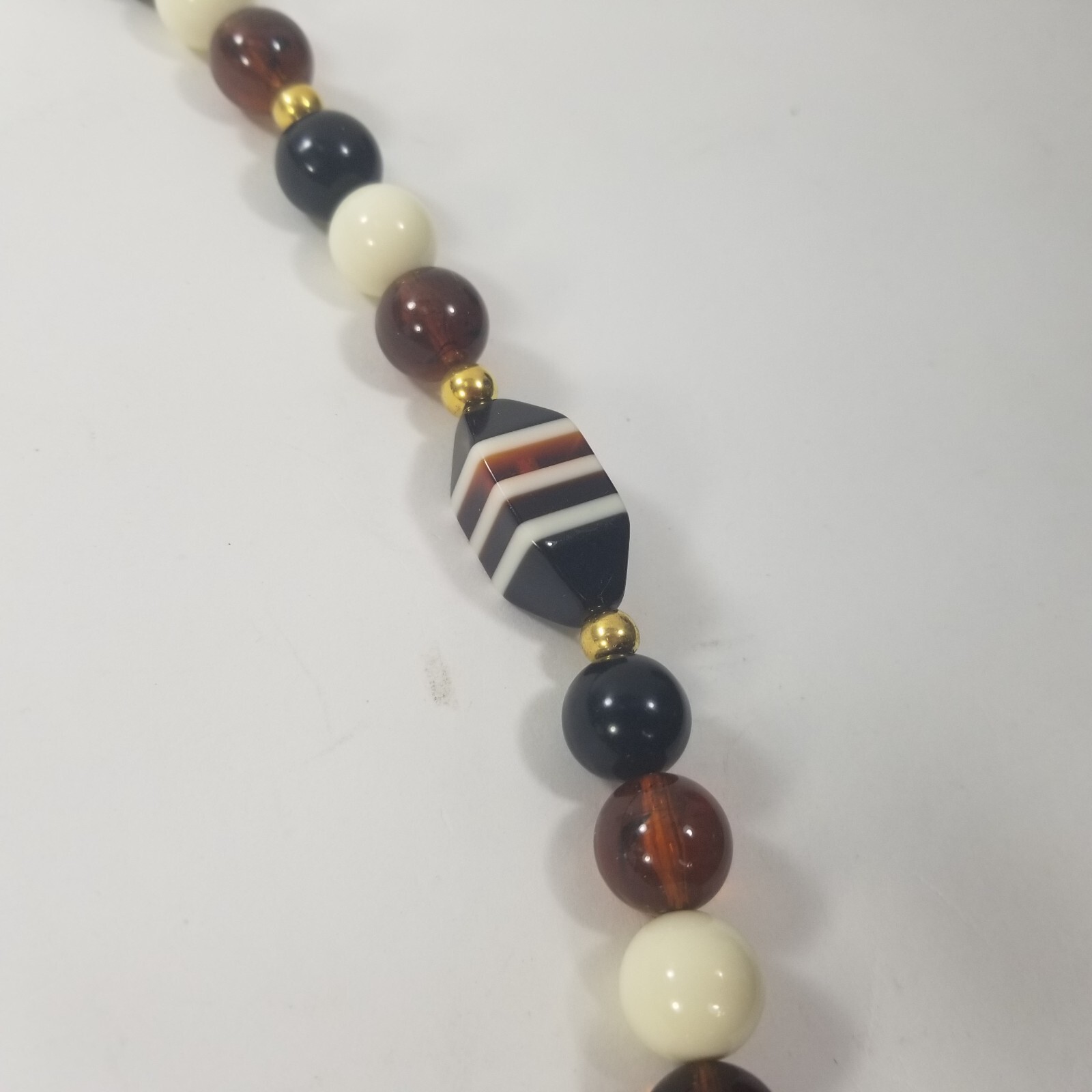 Vintage Brown Black White Gold Tone Spacers beaded Long Necklace