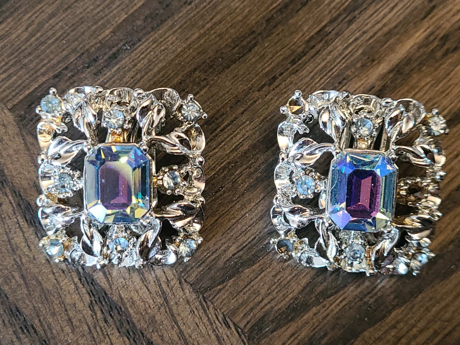 Vintage Signed Coro Costume Jewelry Earrings Aurora Borealis Rhinestones