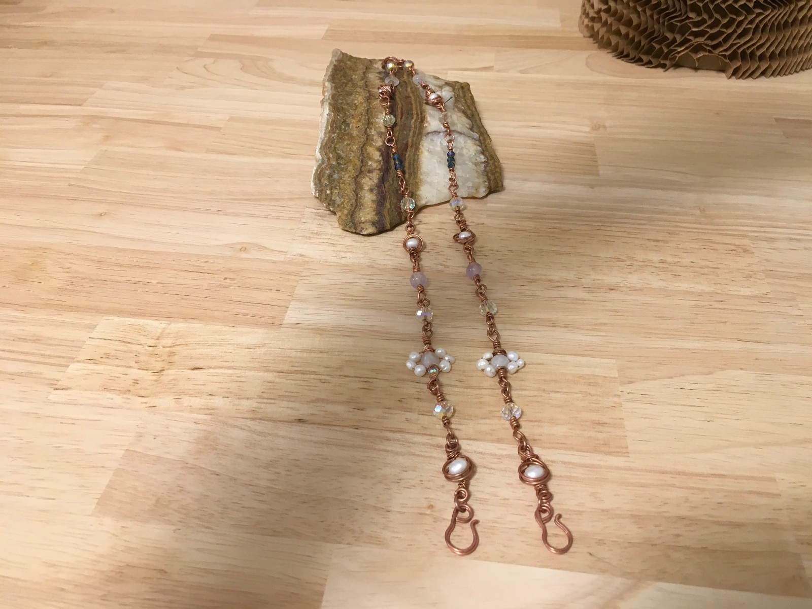 Artisan Long Necklace Pearls Moonstone Amethyst Beads, 4 Hook Wire Wrap Handmade
