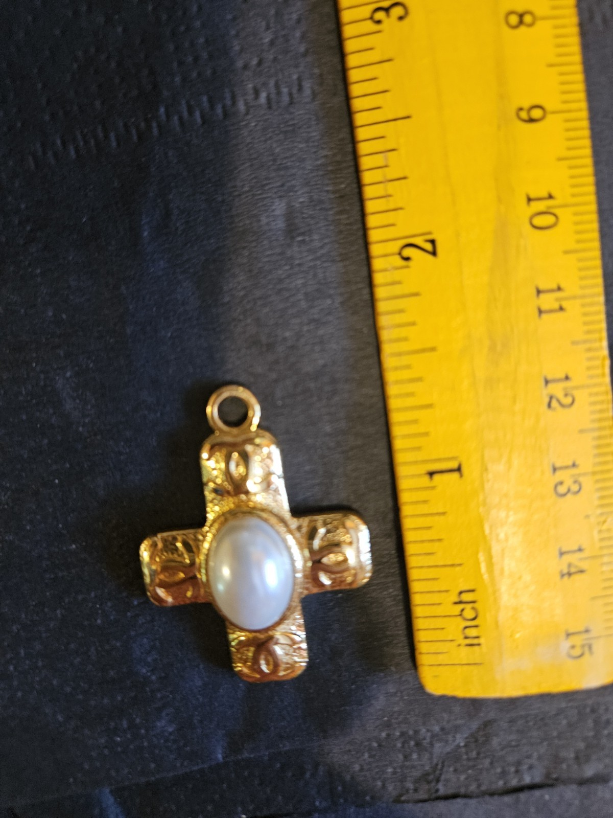 Stamped Faux Pearl Cross Charm Button Pendant
