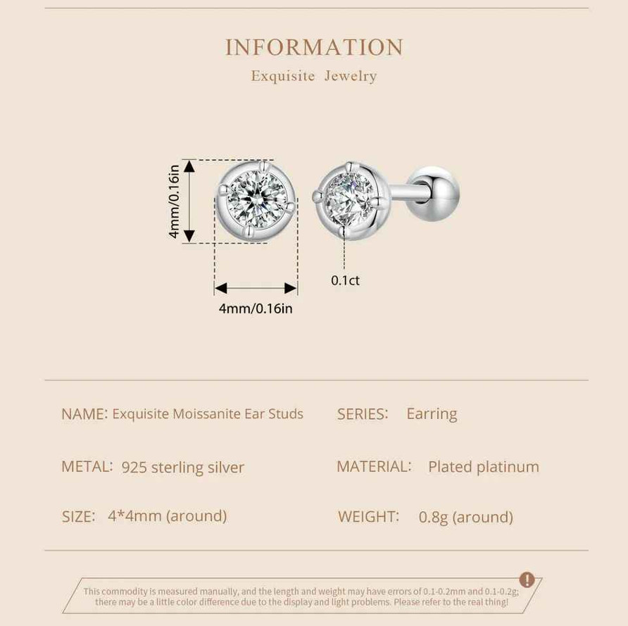 925 Sterling Silver Classical Round 0.1 CT moissanite Stud Earrings For Women
