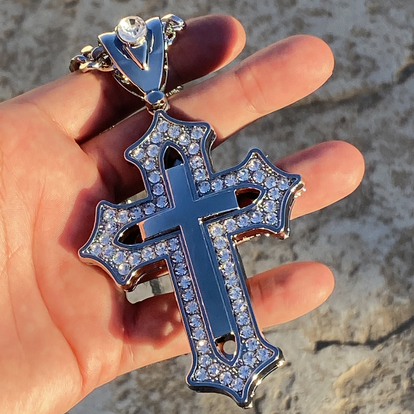 Huge Open Cross Iced Flooded Out CZ Silver Tone Cuban Link Hip Hop Chain 30″