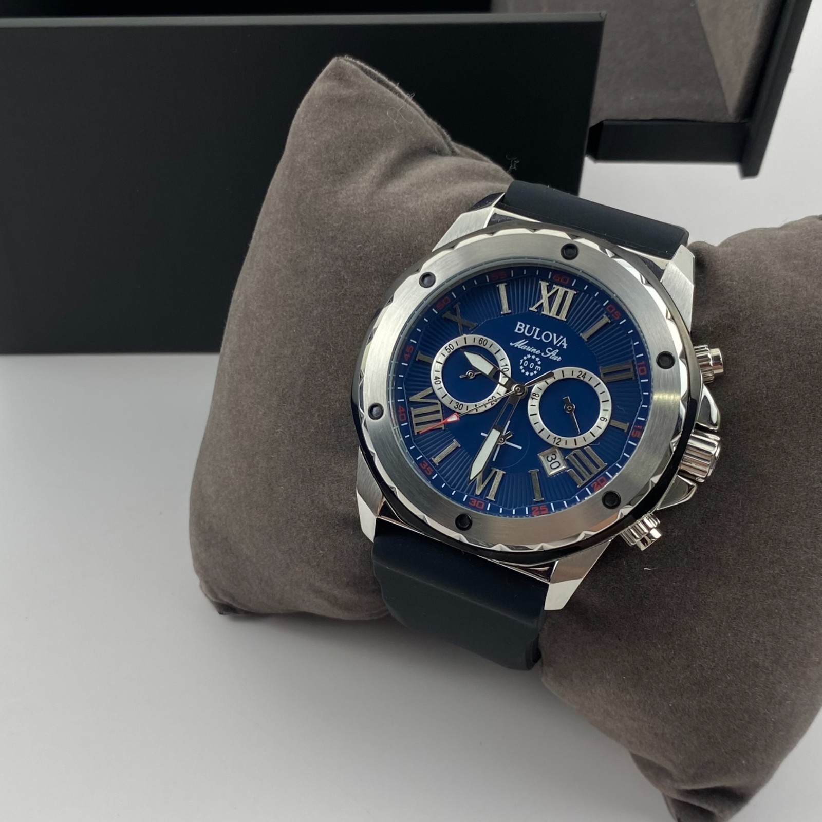 Bulova Marine Star 98B258 Quartz Blue Dial Black Rubber Strap Men’s Watch 44mm