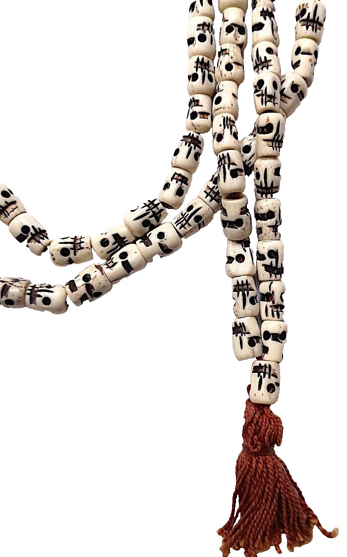 Water Buffalo Bone, Skull Beads, Mala, 48″, 108 Beads, Creme Color, Carved, .4″