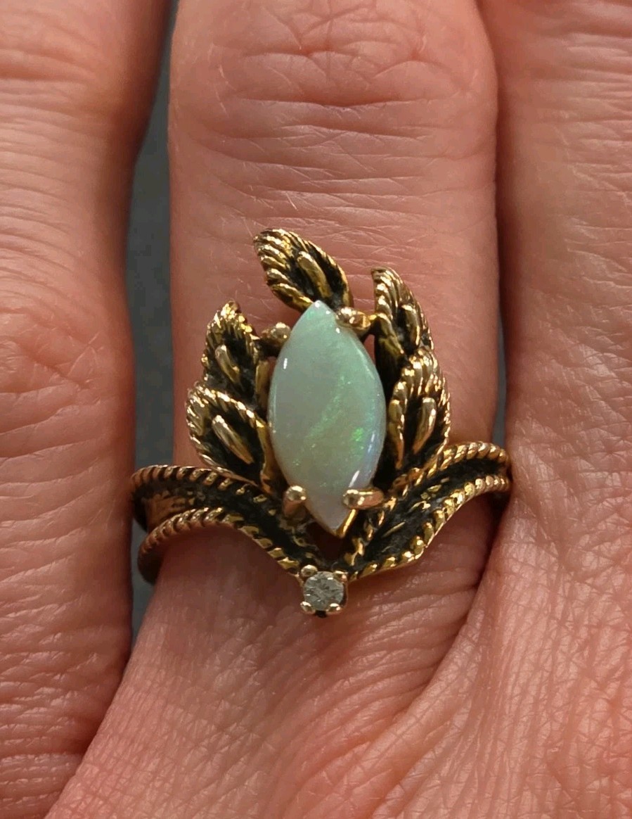 14k Yellow Gold Opal & Diamond Calla Lily Ring 5.67 g Size 7.25