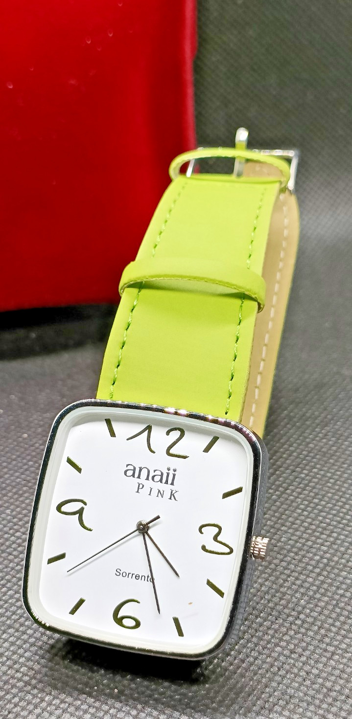 ANAII PINK Ladies Green Strap Square Case Quartz Watch – VGC & Working