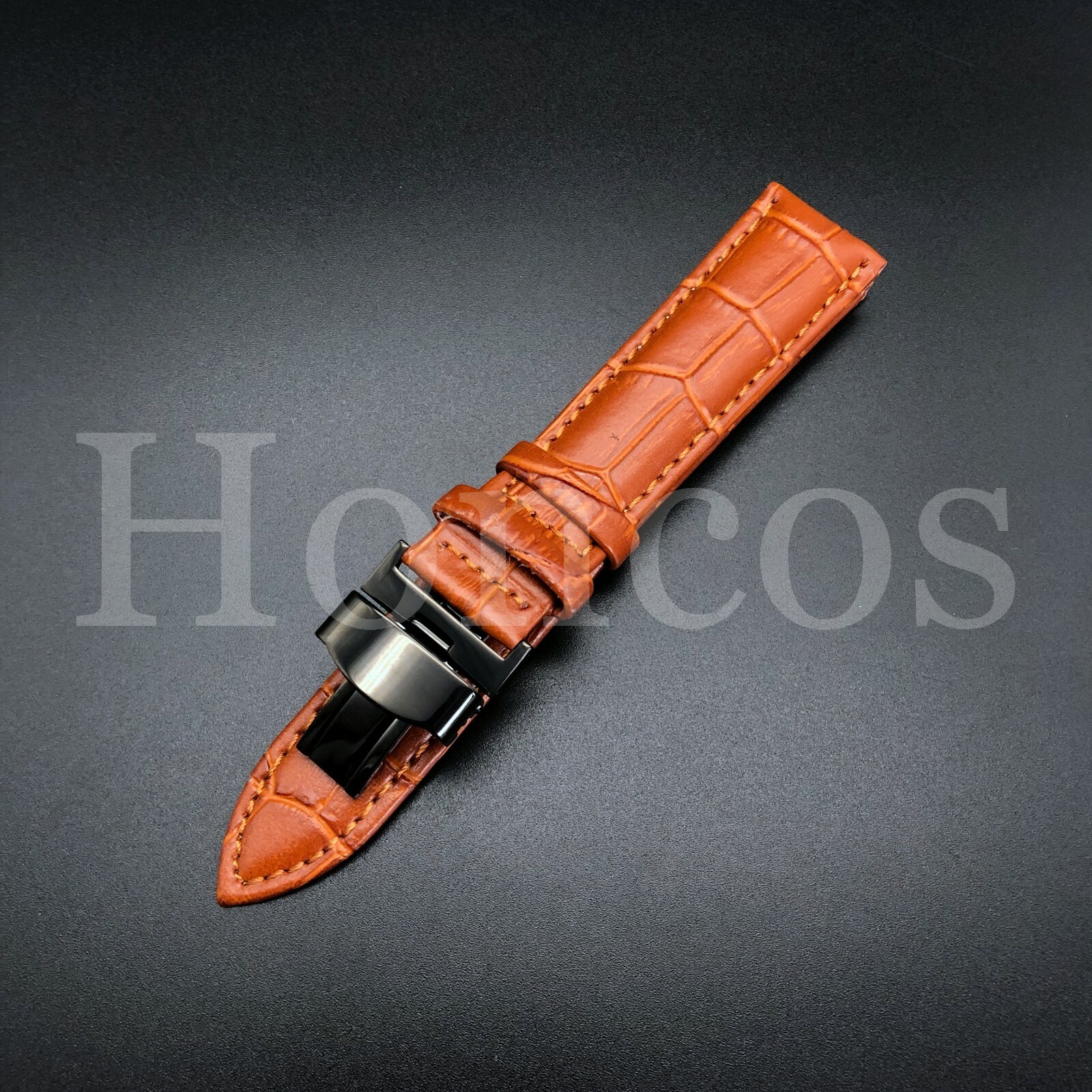 22mm Brown Genuine Leather Watch Band with Black Push Button Deployant Clasp