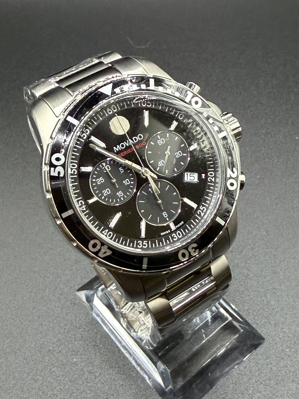 Movado Series 800 Black Dial & Bezel 42mm Chronograph Steel Watch Model #2600142