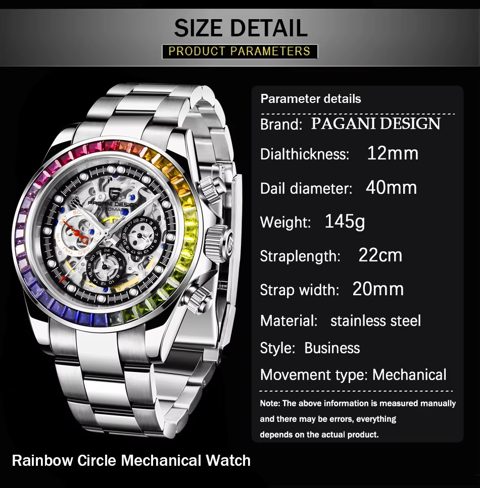 🔥USA🔥PAGANI DESIGN PD-1653 Automatic Watch, Rainbow Circle, Skeleton Oyster