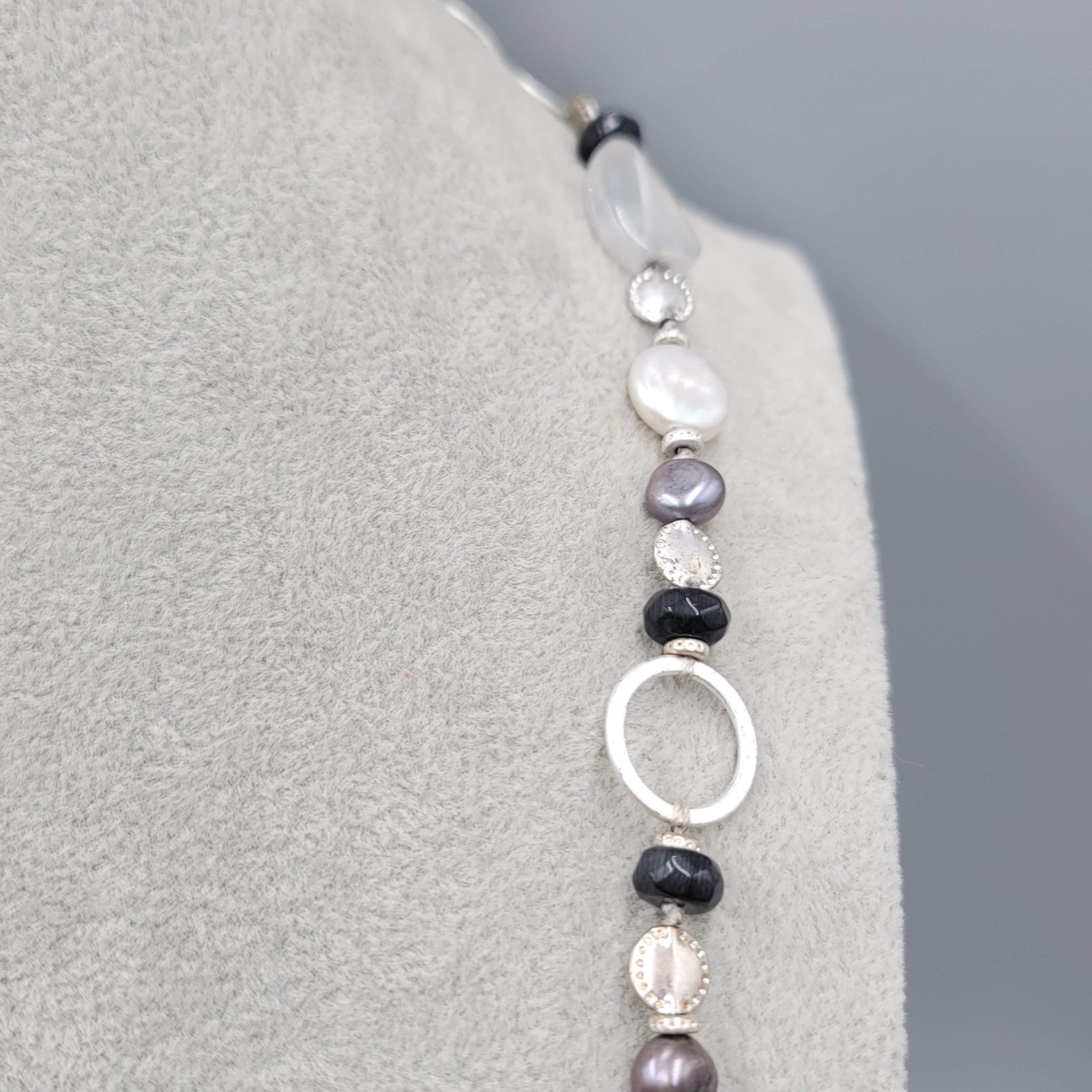 Black Gray White Beaded Necklace Silver tone Links Long 30 in