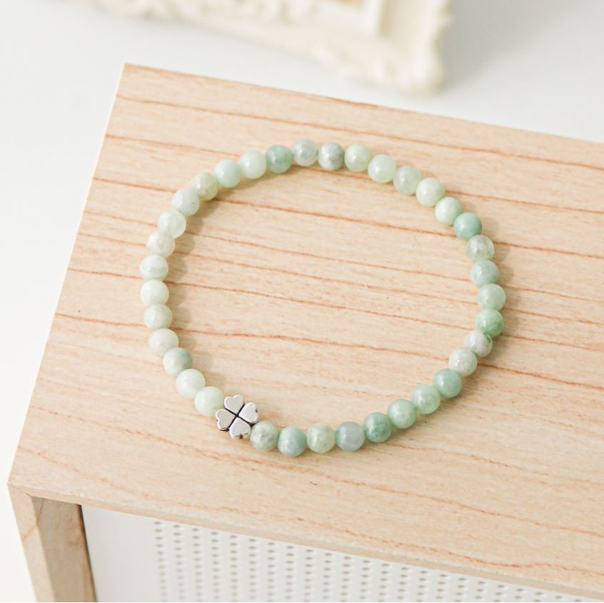 Natural Jadeite Bracelet 4mm 925 Silver Four Leaf Clover Lucky Talisman Beads