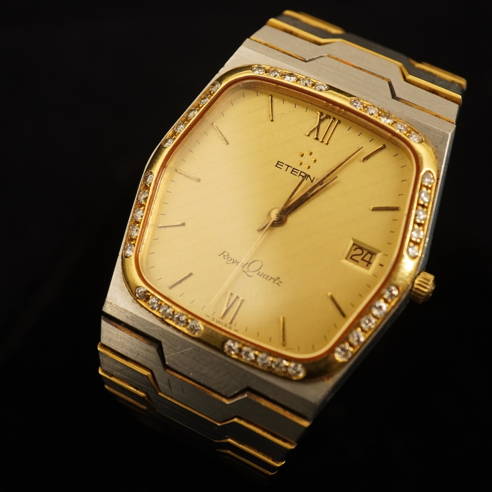 Vintage Eterna Royal Quartz Men’s Watch, Yellow Gold & Diamond Bezel, Keeps Time