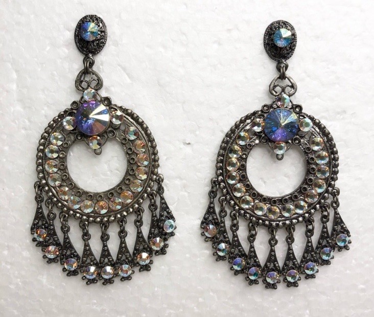 Elo7 Antique Silver Iridescent Rhinestone Tassel Dangling Chandelier Earrings