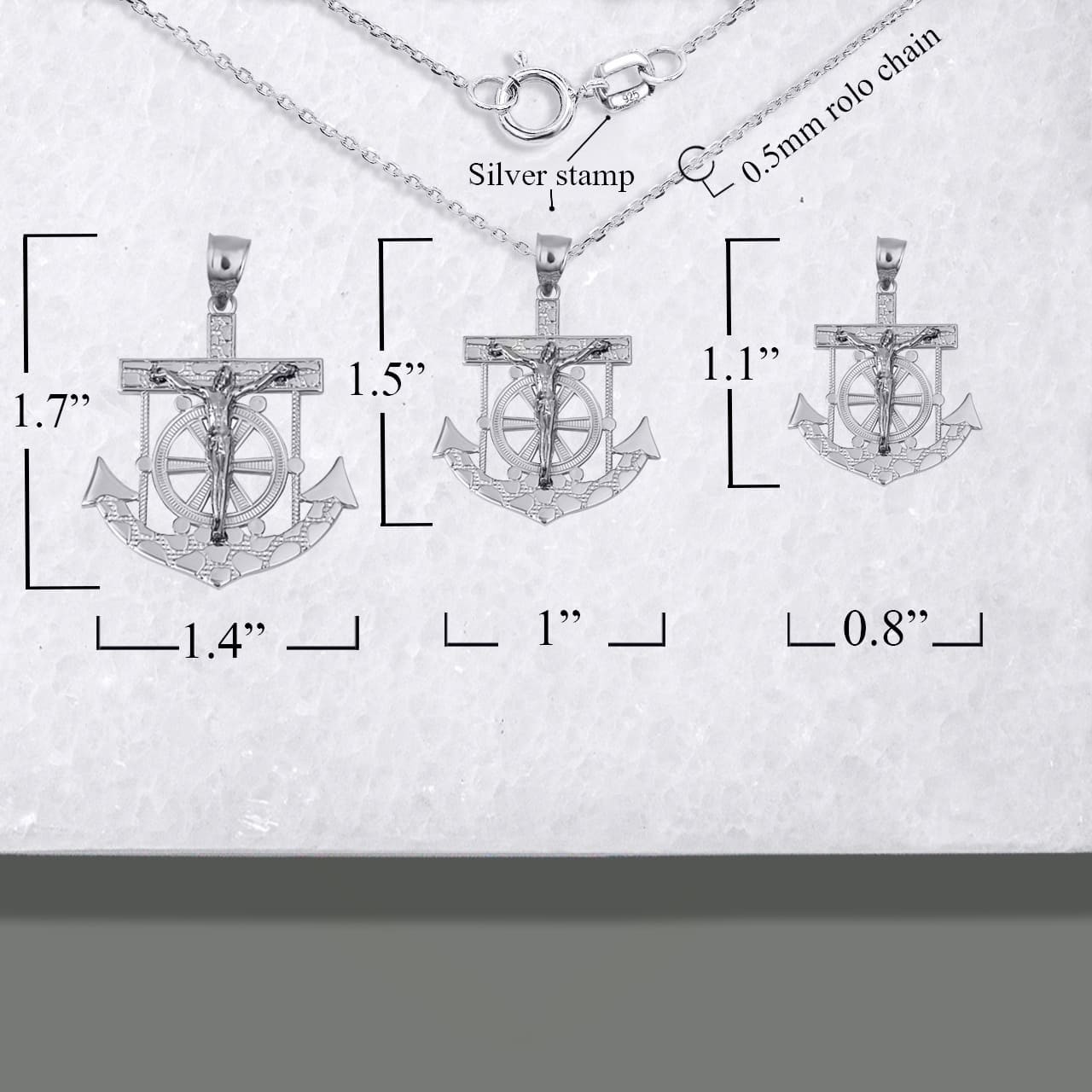 .925 Sterling Silver Mariners Anchor Jesus Cross Nugget Pendant Necklace (S/M/L)