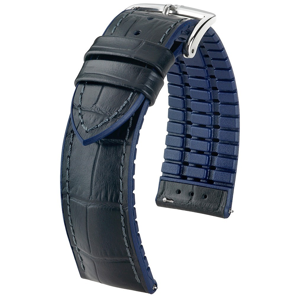 Hirsch Andy Alligator Leather Rubber Watch Band Strap Blue 18mm Quick Release