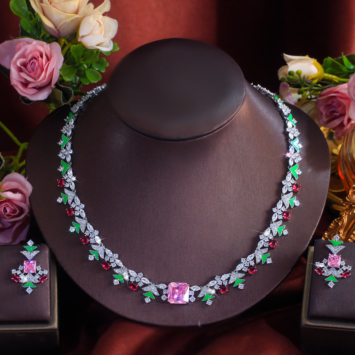 Christmas Tree Drop Earrings and Necklace Silver Plated Zircon Party Jewelry Set