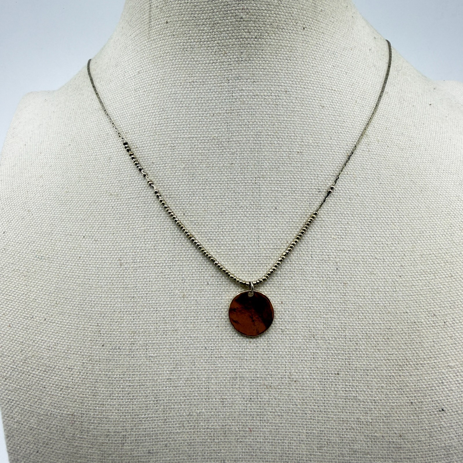 Silver Tone Disc Pendant Necklace Dainty Beaded Chain Minimalist Layering Chic