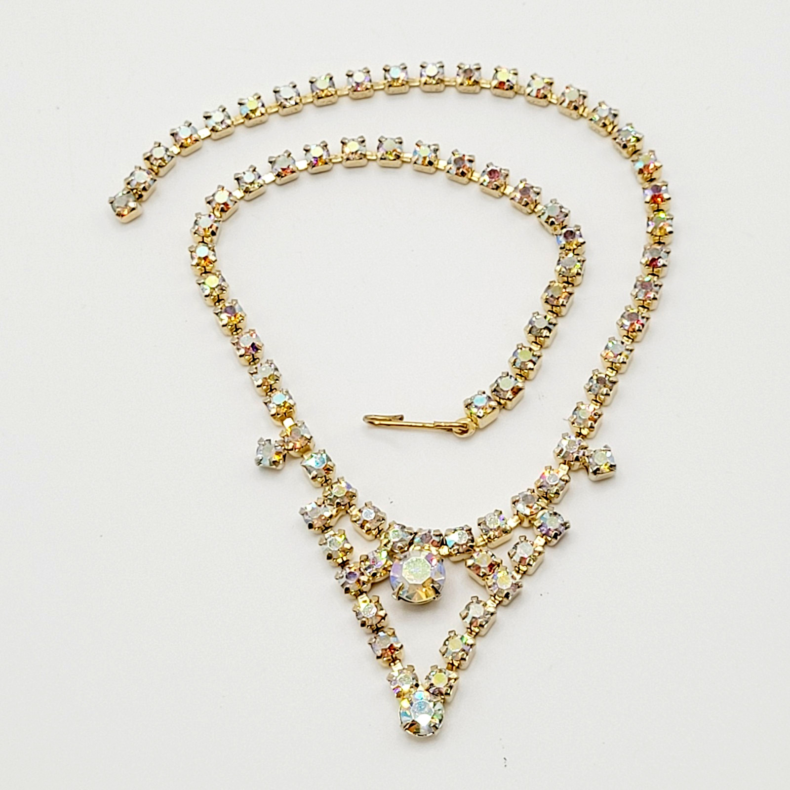 Swag or V Style Drop Choker AB Rhinestone Necklace Gold Tone Vintage 15 inch