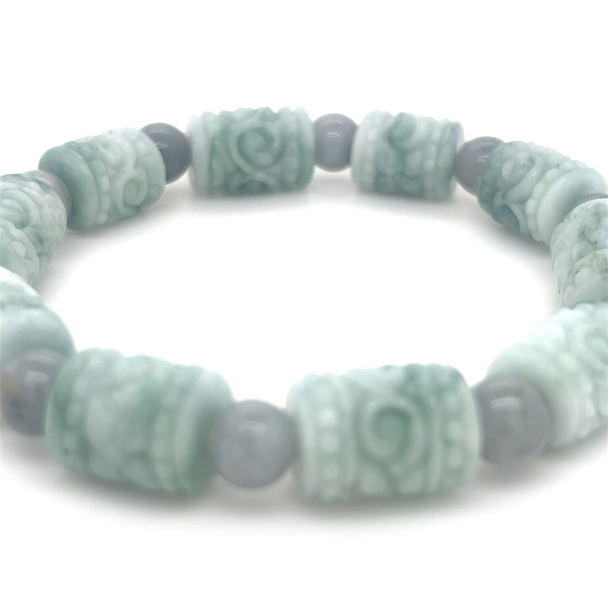 Green Hand Carved Jadeite Barrel Adjustable Bracelet Type A with 翡翠缅紫绿
