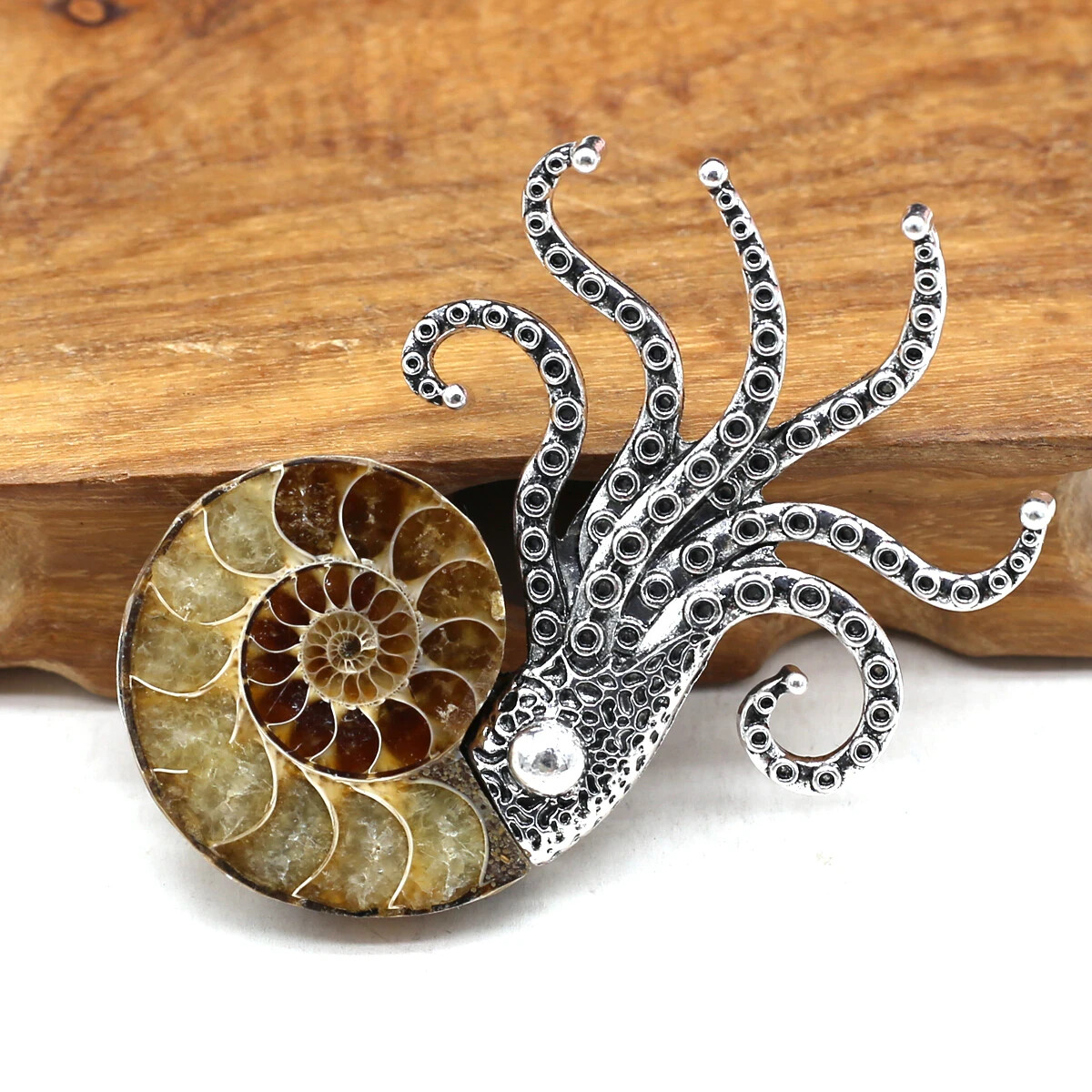 Ammonite Fossil Octopus Specimen Silver Kraken Cryptid Pin Broach Jewelry