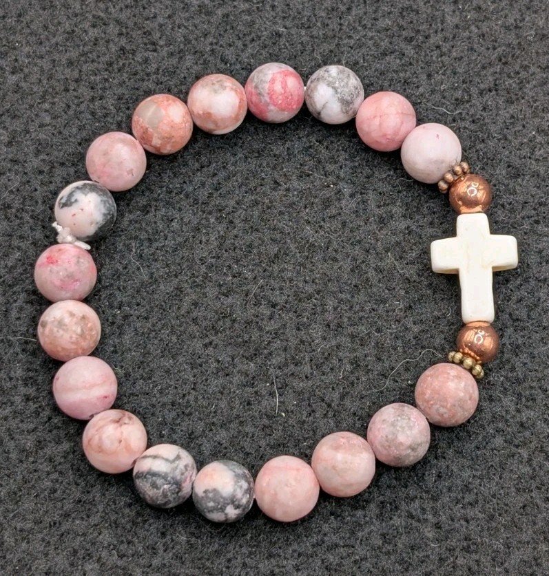 Women’s Stylish Cross 8mm Faith Pink Beaded Stretch Bracelet (16cm) Small Wrist